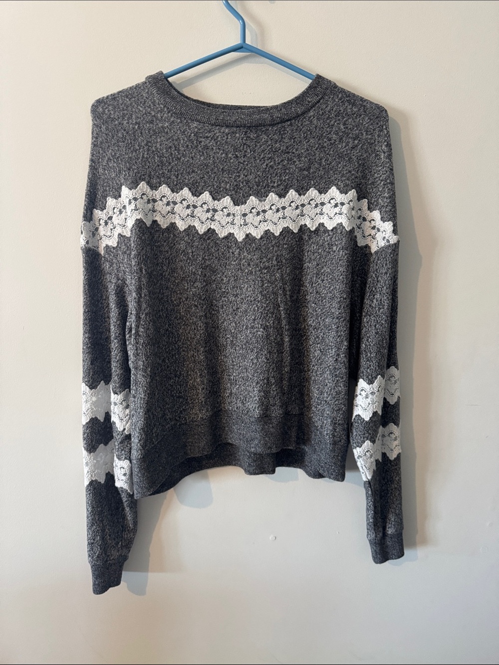 Kooples x Sport Charcoal Gray Crewneck Sweater with White Lace Detail